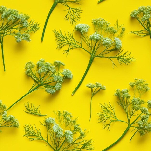 Foto un primo piano di un gruppo di fiori su una superficie gialla generativa ai