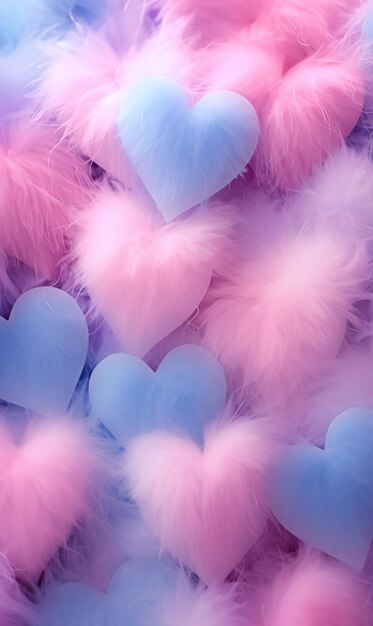 A close up of a bunch of fluffy pink and blue hearts generative ai