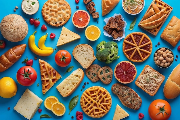 Photo a close up of a bunch of food on a blue surface generative ai
