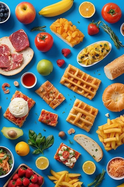A close up of a bunch of food on a blue surface generative ai
