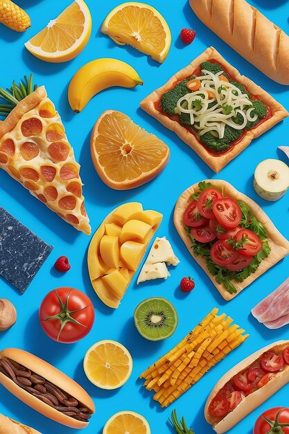 A close up of a bunch of food on a blue surface generative ai