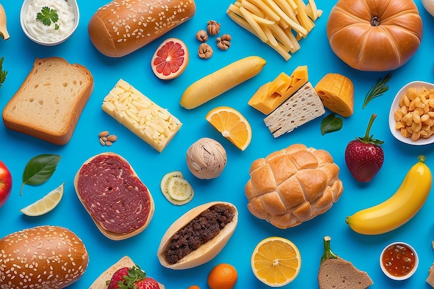 A close up of a bunch of food on a blue surface generative ai