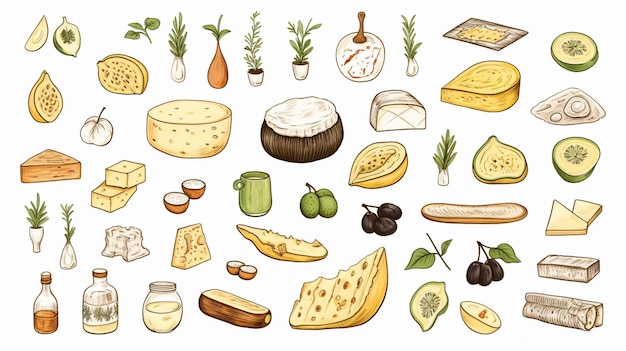 a close up of a bunch of food items on a white background generative ai