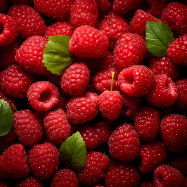 Close up of a bunch of fresh red raspberries ai generated