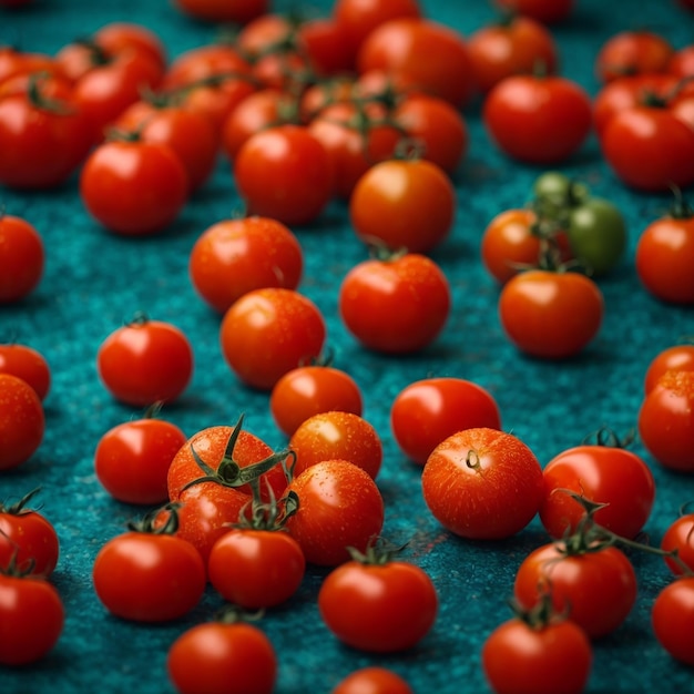 赤い色の新鮮なトマトの束の接写