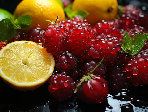 A close up of a bunch of fruit on a table A colorful display of fresh fruits on a wooden table