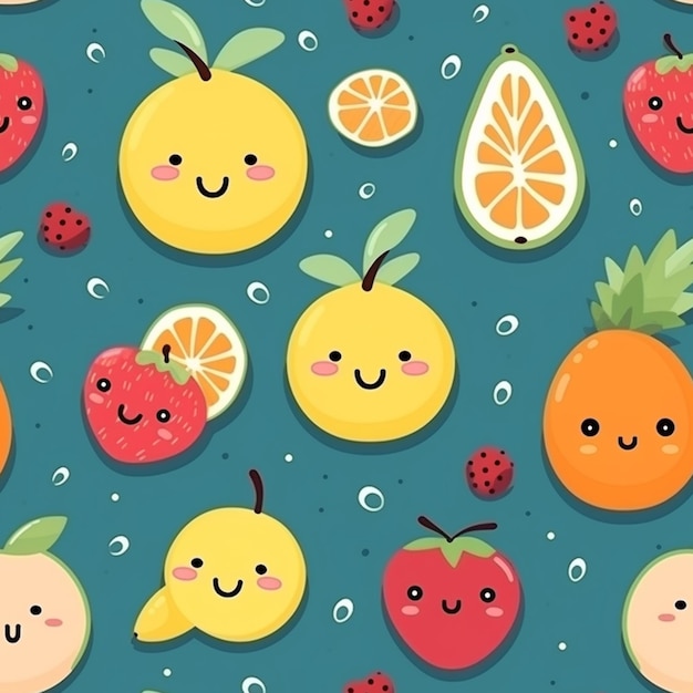 A close up of a bunch of fruit with faces on a blue background generative ai