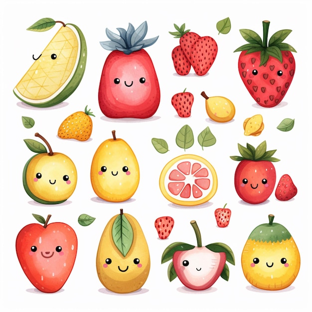 a close up of a bunch of fruit with faces and leaves generative ai