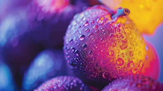Photo a close up of a bunch of fruit with water droplets on them ai