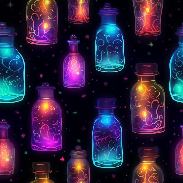 Photo a close up of a bunch of glass jars with glowing lights generative ai