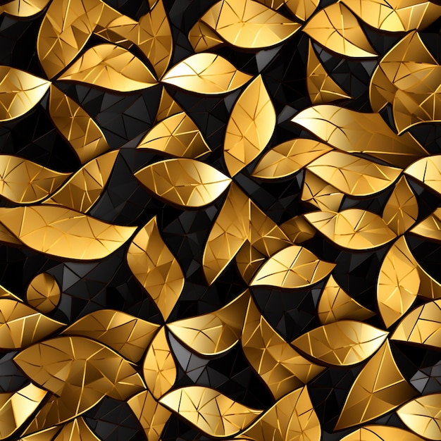 Gold leaves on black background, leaf (feather) on black background, gold  black leaf on background. Luxury feeling. Illustration. Generative ai.  Stock Illustration