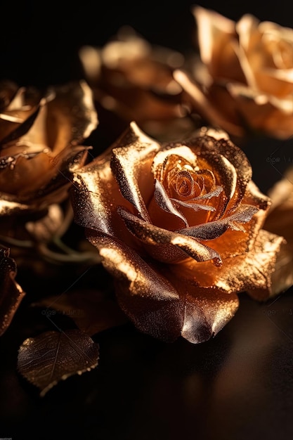 A close up of a bunch of gold roses