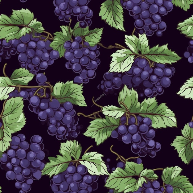 a close up of a bunch of grapes with leaves on a black background generative ai