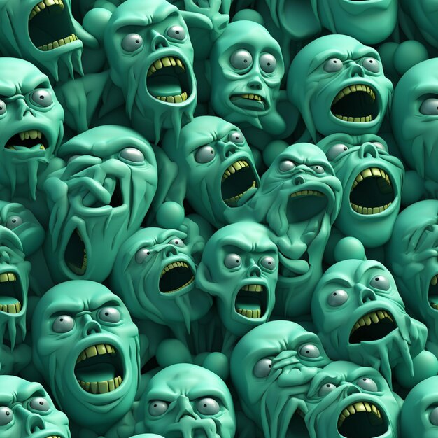 Photo a close up of a bunch of green alien heads with mouths generative ai