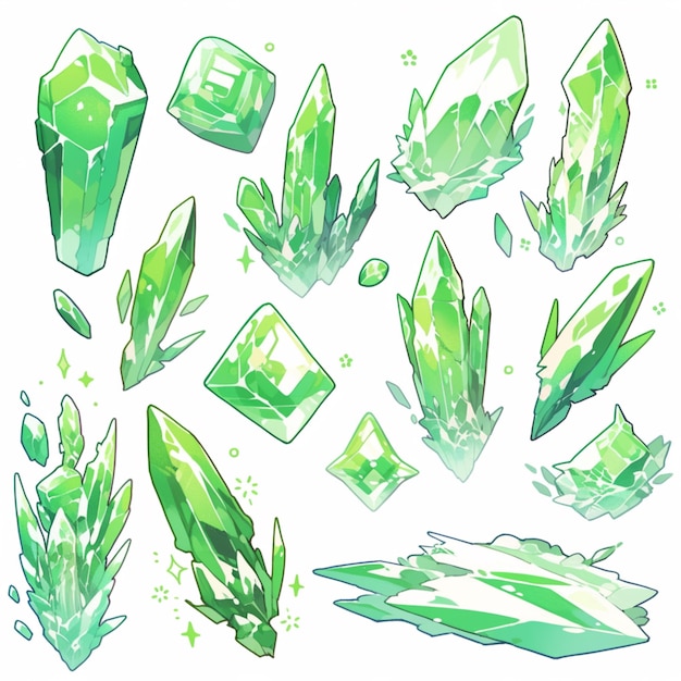 A close up of a bunch of green crystals on a white background generative ai