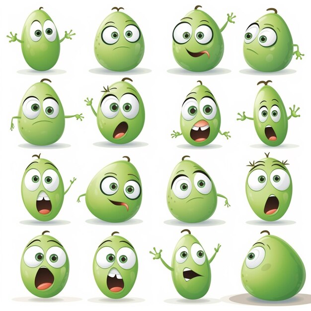 a close up of a bunch of green eggs with different expressions generative ai