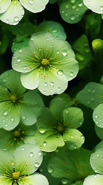 A close up of a bunch of green flowers with water droplets generative ai