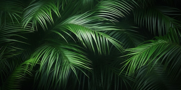 a close up of a bunch of green palm leaves on a black background generative ai