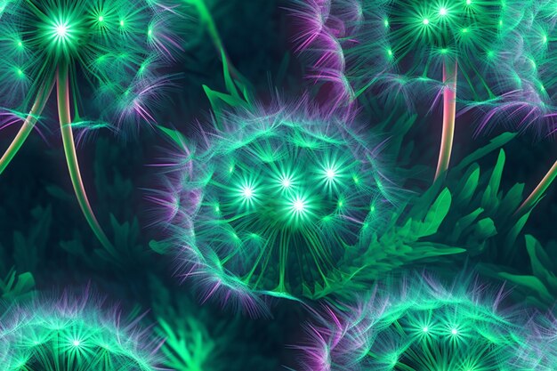 A close up of a bunch of green and purple flowers generative ai