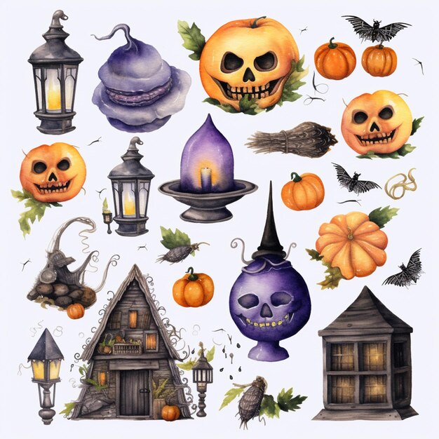 a close up of a bunch of halloween items on a white background generative ai