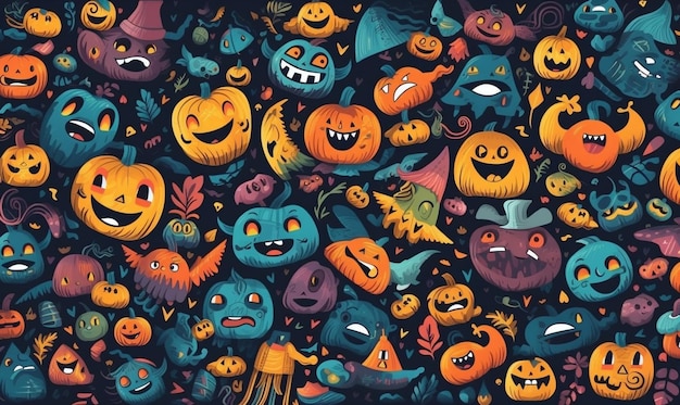 A close up of a bunch of halloween pumpkins on a black background generative ai