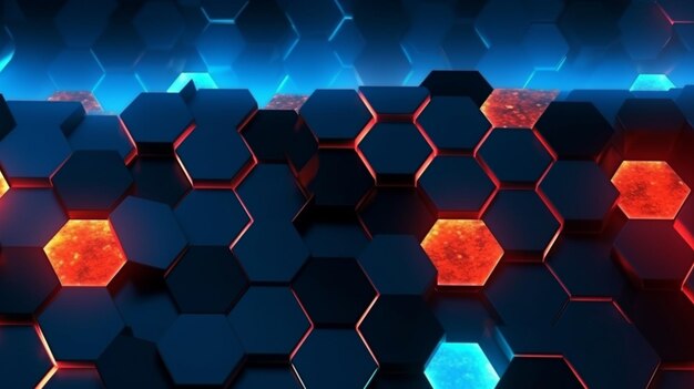 a close up of a bunch of hexagonals with red and blue lights generative ai