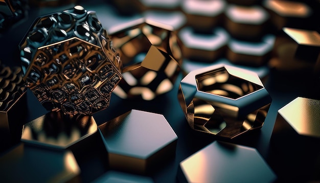 A close up of a bunch of hexagons and hexagons on a black background