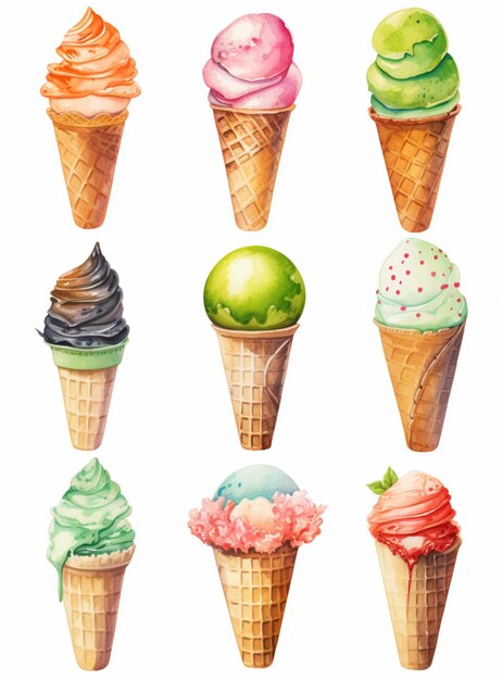 A close up of a bunch of ice cream cones with different flavors AI Generative