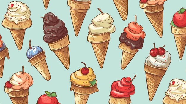 a close up of a bunch of ice cream cones with different toppings generative ai