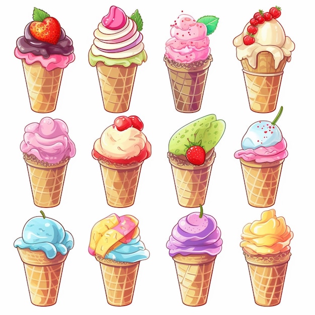 A close up of a bunch of ice cream cones with different toppings generative ai