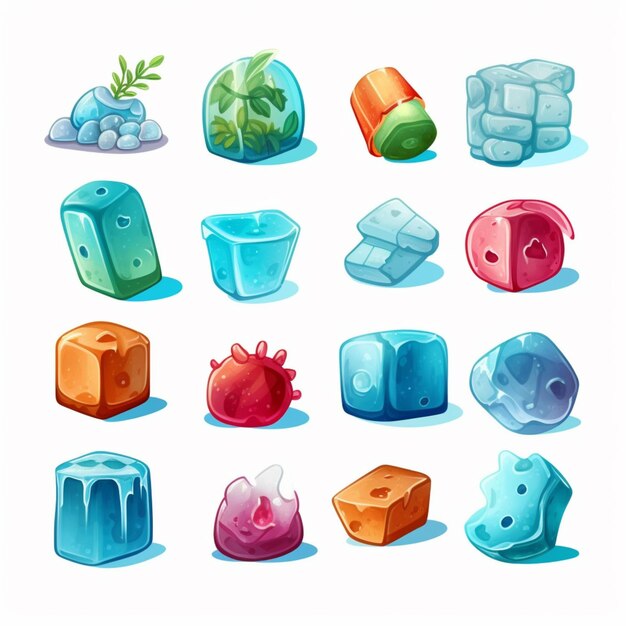 Photo a close up of a bunch of ice cubes with different shapes generative ai