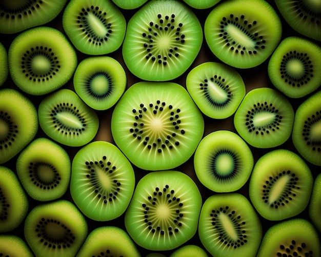 Photo a close up of a bunch of kiwi slices with a black center generative ai