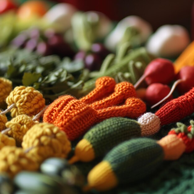 Photo a close up of a bunch of knitted vegetables on top of each other ai