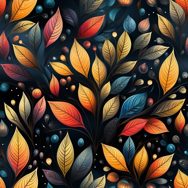 a close up of a bunch of leaves and berries on a black background generative ai