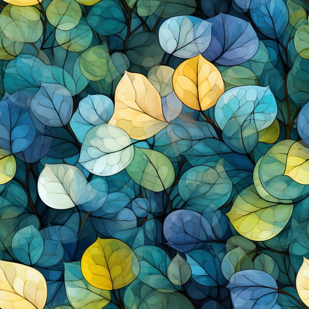 A close up of a bunch of leaves with a blue background generative ai