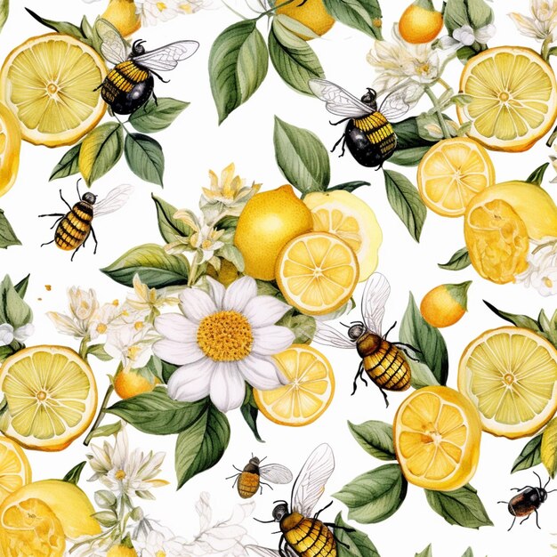 Photo a close up of a bunch of lemons and bees on a white background generative ai