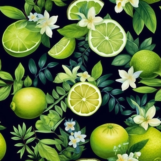 A close up of a bunch of lemons and limes on a black background generative ai