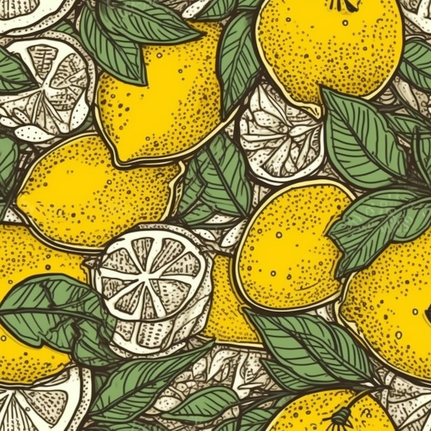 a close up of a bunch of lemons with leaves generative ai