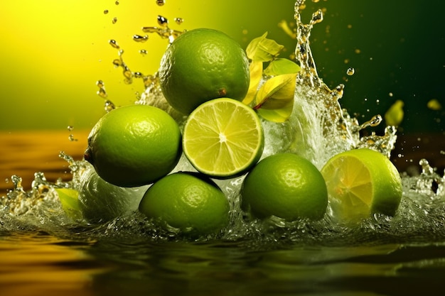 A close up of a bunch of limes with water splashing on them generative ai