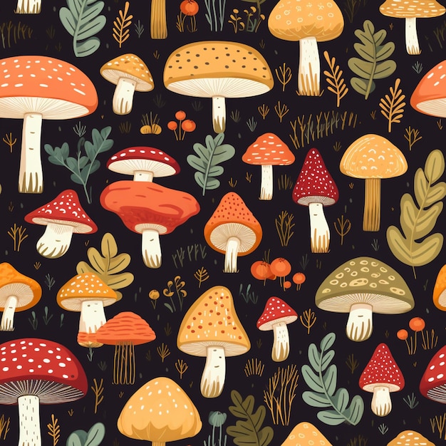 A close up of a bunch of mushrooms on a black background generative ai