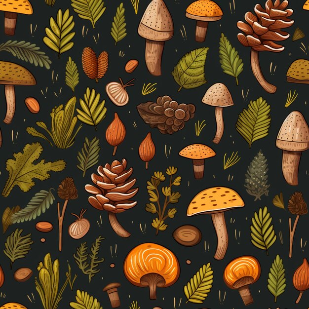 A close up of a bunch of mushrooms and leaves on a black background generative ai