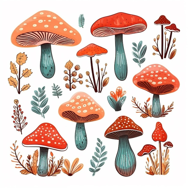 A close up of a bunch of mushrooms on a white background generative ai