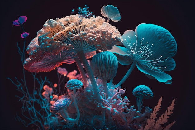 오른쪽 하단에 'mushroom'이라는 단어가 있는 버섯 다발의 클로즈업