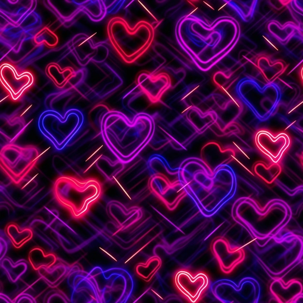 A close up of a bunch of neon hearts on a black background generative ai