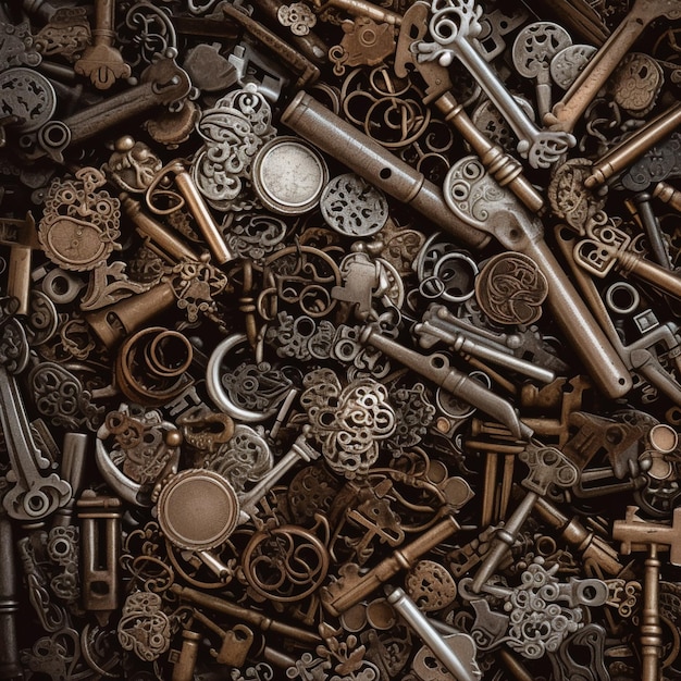 A close up of a bunch of old keys laying on top of each other generative ai