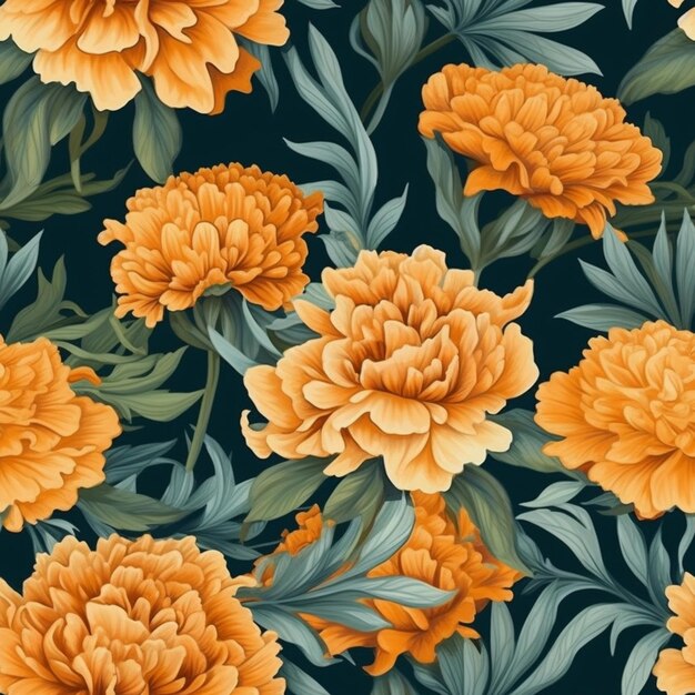 a close up of a bunch of orange flowers on a black background generative ai