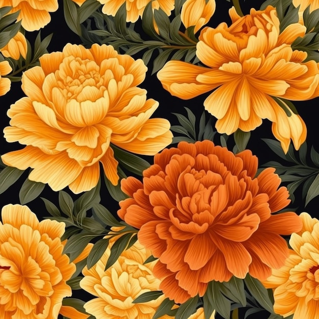A close up of a bunch of orange flowers on a black background generative ai