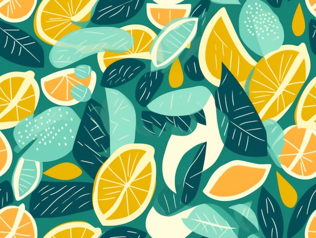 A close up of a bunch of oranges and leaves on a blue background generative ai