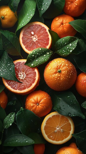 A close up of a bunch of oranges and lemons with water droplets on them