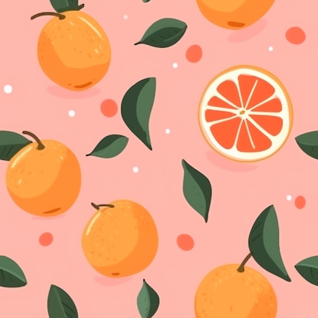 a close up of a bunch of oranges with leaves on a pink background generative ai